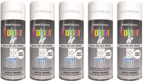 5 x 400ML White Primer Spray Paint Metal Plastic Wood Paint MATT Finish Quick Drying Primer All Purpose Primer for Interior and Exterior
