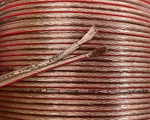 Premium 14 AWG OFC Speaker Cable/Wire - Transparent w/Red Polarity Marker | 2 x 183 Strand OFC, oxygen free copper, Clear Transparent Outer Jacket, Red Polarity Marker, 8mm x 4mm Outer Dimensions