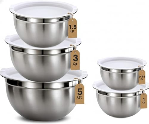 Vinod 5pcs Stainless Steel Mixing Bowls with Lids Nesting,Meal Prep Bowls Flat Bottom, Stackable | Heavy Duty & Easy to Clean | Space Saving