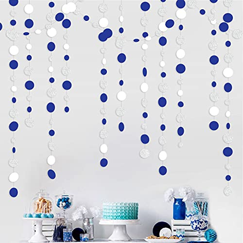 52Ft Marineblau Weiß und Silber Kreis Punkte Girlande Royal Blue Hanging Paper Polka Dots Streamer für Geburtstag, Hochzeit, Braut, Babyparty, Nautik, AHOI, Achor, Piratenthema, Party-Dekorationen