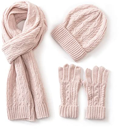 Villand 3 Pezzi Cappelli Sciarpa con Guanti Touchscreen per Uomini e Donne, Set Unisex per il Freddo con Foderato in Pile e Borsa Regalo (Rosa)