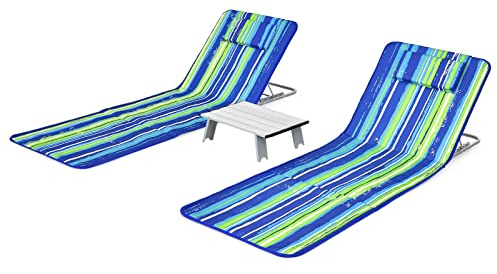COSTWAY Uppsättning av 2 strandmattor med sidobord, kudde och förvaringsfack, liggmatta med justerbart ryggstöd, vikbar solmatta, lätt, bärbar, strandstol för stranden (grön)