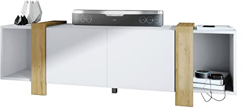 Vladon Lowboard Ida 149 x 45,5 x 34 cm TV-Board mit 4 Fächern und PTO-Türen, Made in Germany, Korpus in Weiß matt, Blenden in Eiche Natur | Große Farbauswahl