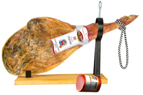 Aire Sano - Jamón de Teruel DOP Gran Premier (8-8.5 Kg) + Taco de Lomo Padre 100% Duroc de 310g - Jamonero, Cuchillo y Chaira - Sin Gluten y Sin Lactosa - Envasado al vacío