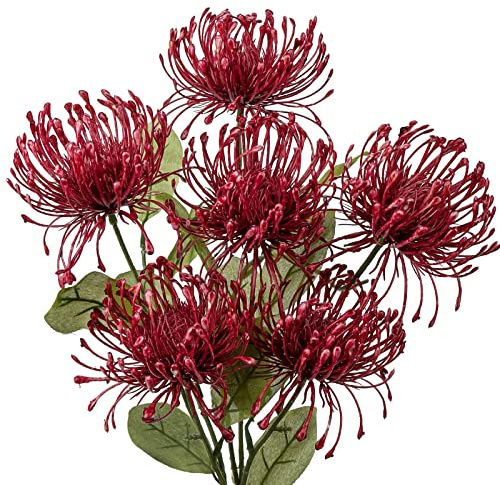 Kunstblumen Chrysanthemen Dekoration mit 6 Chrysanthemen Blütenköpfe 2er-Set Künstliche Spinnen Dekoration für Herbstdeko Heimdekoration, Hochzeit, Garten Party Dekoration Blumenarrangement, Rot