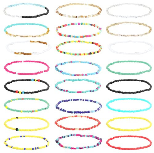 Diamday 24 Stück handgefertigte Perlen Fußkettchen Armbänder für Frauen Egirls Strand Boho Bunte Perlen Knöchel Armbänder elastisch Fuß und Hand Kette Schmuck