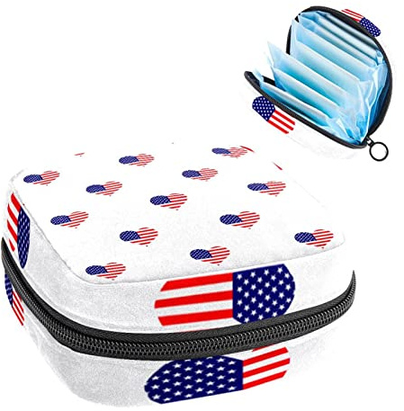 Love Heart USA Flagge Muster Period Pouch Tragbare Tampon Aufbewahrungstasche für Damenbinden, Mehrfarbig, 4.7x6.6x6.6 in/12x17x17 cm
