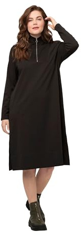 Ulla Popken Vestito in Felpa, Abito Midi, Collo Alto, Maniche Lunghe, Cotone Biologico Abiti, Marrone/Nero, 52-54 Donna