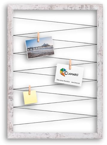 CLAMARO Bilderrahmen Collage Flex, 40 x 60 cm, Vintage Weiß, Wandaufhänger | MDF-Holzrahmen vollummantelt, vorgespannte Gummileine, Echtholz-Fotoklammern, für Fotos, Postkarten, Notizen