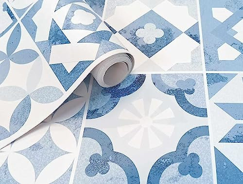 GOYAPRINT Papel Pintado Autoadhesivo para Pared Muebles Cocina Dormitorio Vinilo Decorativo 40x250cm (Baldosa Azul)