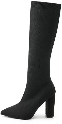 NEWBELLA Women's Stretch Knit Knee High Boots - Chunky Heel Non-Slip Winter Boots for Comfort & Style (Black, Adult, Women, 6.5, Numeric, US Footwear Size System, Medium)