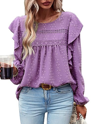 MYCOLORBLUE Blusen Tuniken für Damen Elegant Rüschenärmel Swiss Dot Spitzenbesatz Vorne Falten Streetwear Rundhals Bluse