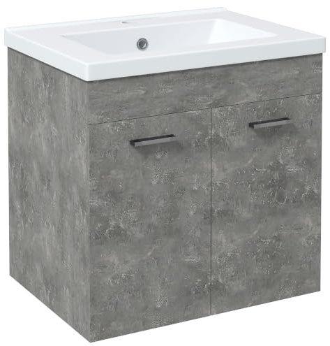 kleankin Badezimmerschrank mit Keramikwaschbecken Wandwaschbeckenschrank mit 2 Türen und verstellbarem Einlegeboden Melaminharzbeschichtung 60x45,5x60 cm Grau