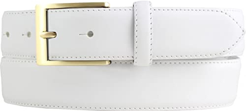 BELTINGER Cintura da abito di alta qualità in pelle bovina pieno fiore con fibbia dorata da 3,5 cm | Cintura da uomo in pelle curva da 35 mm | Cintura da lavoro made in Italy | Bianco 130 cm