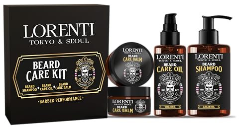 LORENTI TOKYO & SEOUL Argan Barber Bartpflege & Styling Set - Bart Care Kit mit Bartöl, Bartshampoo & Bart Balm - Geschenkidee für Männer - Beard Care & Styling Set