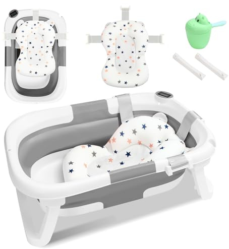 SWANEW Babybadkar, vikbart babybadkar med insats, babybadkar, med termometer och badmatta, baby-hår-tvättkopp, halkfri babybadstub för nyfödda 0–6 år, grå