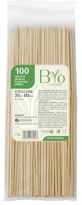 MONOUSALO 100 Spiedini per Barbecue in Legno idonei al Contatto con Alimenti - Stecchini Lunghi per Bar, Ristoranti, Cucine Professionali, Uso Domestico, Finger Food, Griglia (20 cm)