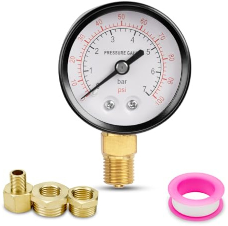 Innfeeltech 1-Pcs 50mm Well Pump Manometer BSP 1/4 0-7 Bar 0~100 Psi mit 2-Stück Buchse 1/4 zu 3/8, 1/4 zu 1/2 und 1-Stück Hex Nippel Reduzierend 1/4 zu 1/8, ein Teflonband, Radial