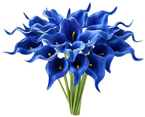 Wisafory Lot de 10 fleurs artificielles artificielles en latex réaliste - Lys calla - Bouquet de mariée - Arum artificiel - Toucher réel - Décoration pour mariage, salon, bureau, hôtel, cuisine - Bleu