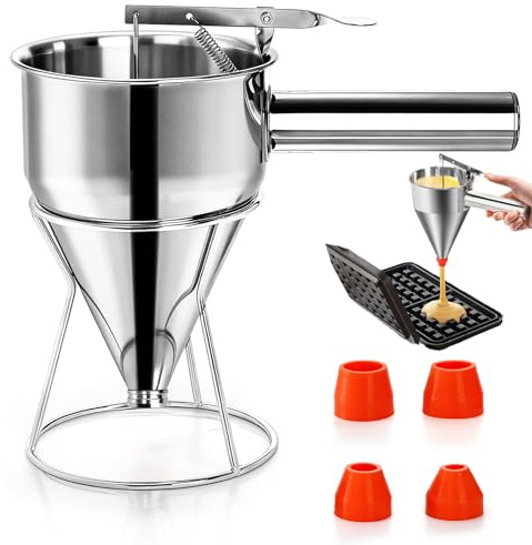 WRINGKIT 1.2L Pancake Batter Dispenser, Stainless Steel, Multi-Nozzle | Pancake Mix Dispenser with Thumb-press Handle, Funnel Cake Maker for Easy Batter Control, Cupcakes, Muffins, Waffle, Crepes