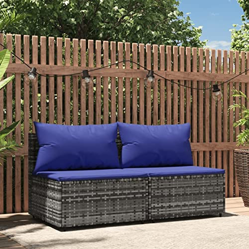 Gecheer 2 Stk. Garten Mittelsofas, Modular Gartenmöbel, Gartensofa Gartensessel Sofa-Garnitur Gartenmöbel Sofa Loungesofa Gartenset, Sofa Lounge Sessel für Garten Terrasse, mit Kissen Grau Poly Rattan