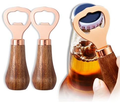 2 Stück Flaschenöffner, Edelstahl Barkeeper Bierflaschenöffner, Personalisierter Flaschenöffner mit Holzgriff, Tragbare Flaschenöffner Holz, Bierkorkenzieher, Geeignet für zu Hause,Küche,Bar(Roségold)