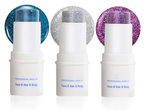 Glitzer Gesicht Stick, 3 Farben Body Glitter Creme, Chunky Sequin Festival Glitzer Stift, Mermaid Wasserdichter Feiner Glitter für Gesicht/Körper/Haare/Augen/Lippen, Blau + Silber + Lila