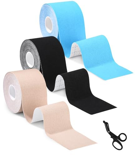 TIDEVAN 3 Rollen Sporttape (5m x 5cm) Kinesiologie Tape Physio Tape Sport Tape Set, Wasserfestes & Hautfreundliche Kinesiotape mit Spezielle Schere, für Knieschmerzen, Ellenbogen und Schulter