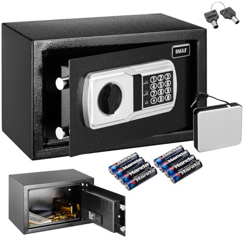 BAKAJI Cassaforte Elettronica di Sicurezza con Box Batteria Esterno, Cassetta Porta Valori e Documenti Antiscasso per Casa, Hotel, Installazione a Muro Parete o Indipendente, 31 x 20 x 20 cm (Nero)