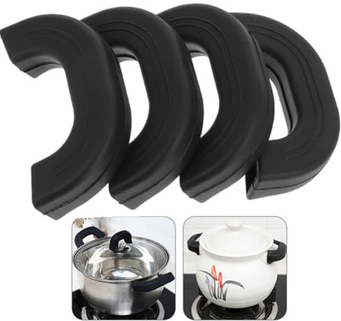 JJiaoLinin Asas de Silicona para Ollas, 4 Piezas Soporte de Silicona para Mango, Funda de Mango de Olla de Silicona, Asas de Silicona para Ollas, para Ollas Horno Sartén Utensilios(Negro)