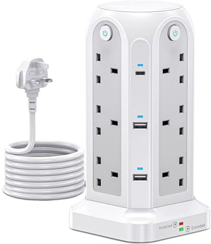 Wolf Power Tower Extension Lead with USB Slots, 18-IN-1 Surge Protected Extension Lead with 2M Extension Cable, 2 USB-C & 4 USB Ports, 12 UK Plug Sockets – Ideal for Home, Office & Workshop (White)