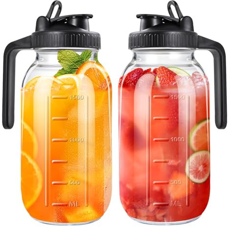 64oz Glass Pitcher with Lid, 2 Quart Mason Jar Pitchers with Lid and Spout, Wide Mouth Breast Milk Pitcher Glass Jug Sun Tea Pitchers, Cold Brew Coffee pitcher, Fridge Container for Water, Juice, Tea
