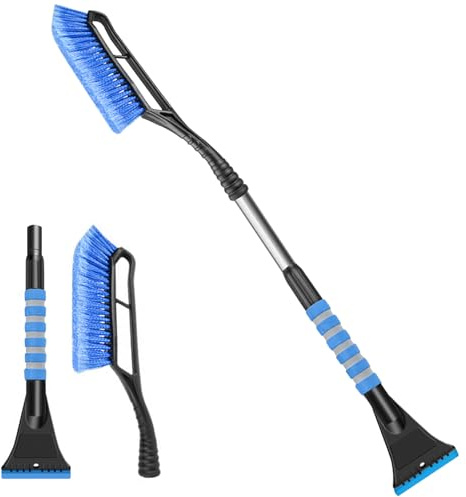Bseical Spatola per Ghiaccio Auto 2 in 1, Raschietto Ghiaccio Auto con Spazzola da Neve, Spazzola per Pala AntiGraffio Parabrezza Asta con Telescopica Impugnatura Rimovibile per Auto SUV Camion (Blu)