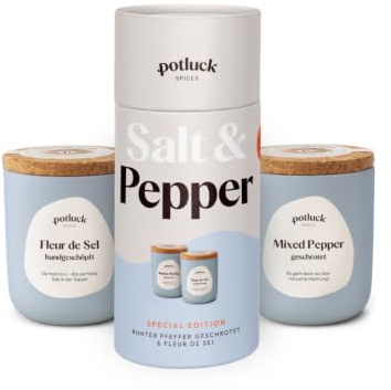 Potluck | Best of Potluck 2er Geschenkset | Salz, Pfeffer, Pfeffer-Mix | Wiederverwendbarer Keramiktopf | Gesunde Ernährung, Lecker Essen für zu Hause