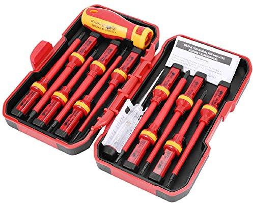 omolly 13 Pcs VDE Insulated ScrewdriverSet, 1000V Magnetic Screwdriver, Slotted Pozi Torx Tips Screwdriver Electricians Tools, Electrician Screw Driver Set, Replaceable Screwdriver Set