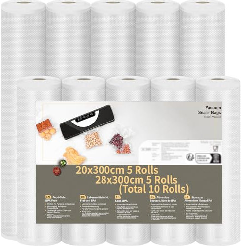 Sacchetti Sottovuoto Alimenti 10 Rolls, Goffrato Sacchetti Sottovuoto per Macchina Sottovuoto e Cottura Sous Vide, Senza BPA, 20x300cm 5 Rolls & 28x300cm 5 Rolls