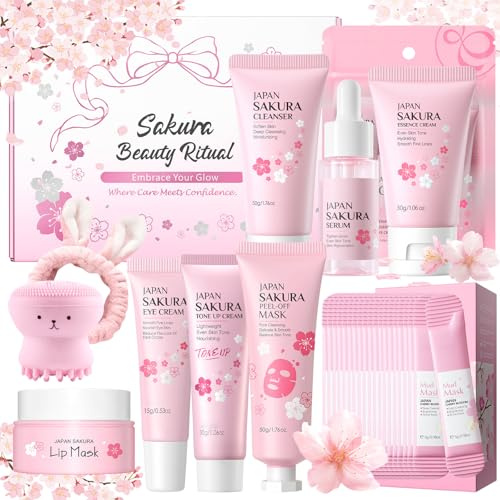 Sakura Ensemble de Soins de la Peau 10 Pièces, Coffret de soins de la peau avec routine complète de soins de la peau, Coffret Cadeau de Soins de la Peau pour Adolescentes et Femmes