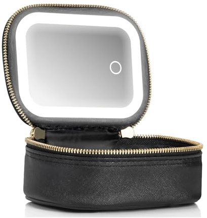 Extrei Gent Small Makeup Bag Travel Train Case with Mirror and Light Mini Travel Makeup Train Case Cosmetic Organizer 3 Adjustable Brightness Toiletry Bag Portable Artist Storage, Black, S, Mini Ature