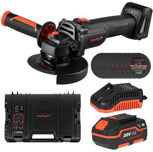 Amoladora Angular Dnipro-M DGA-201BC Ultra 20V, Kit con 10 Discos de Corte | 2 velocidades 3.000/8.500 rpm │ Incluye 10 discos de corte, cargador y maletín │ Garantía oficial de 3 años en España