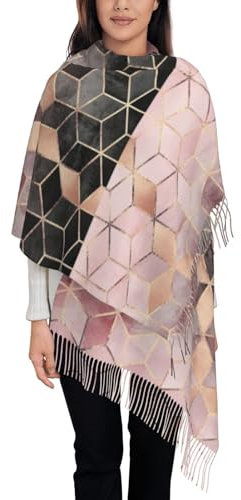 Poadnly Nordischer Stil, geometrisches Muster, Rosa Rose, Gold, Großer weicher Kaschmir-Schal, Wickeltuch, Damenschal mit Fransen, leichte Stola, 197 x 72 cm