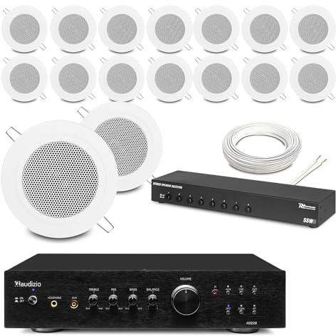 Power Dynamics 8-Zone Ceiling Speaker System Package - 16x Compact 3 Ceiling Speakers, Stereo Amplifier with Bluetooth, Multi-Room Audio for Homes & Commercial Installations