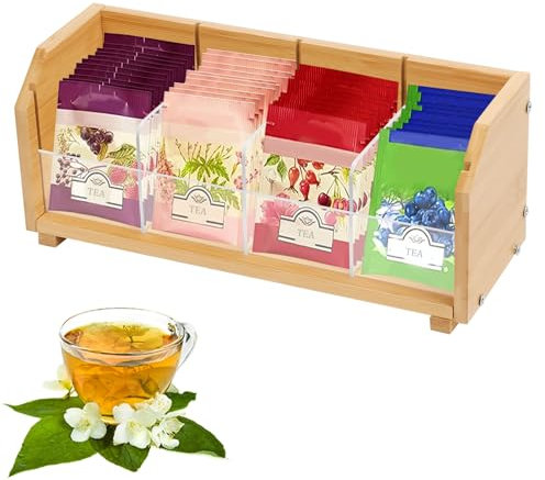 Qivine Bamboo Tea Bag Storage Organizer, Wooden Tea Box Drawer Storage Holder with 4 Compartments, Tea Bag Organiser, Divided Chest Countertop Box for Sugar Packet, Sweeteners