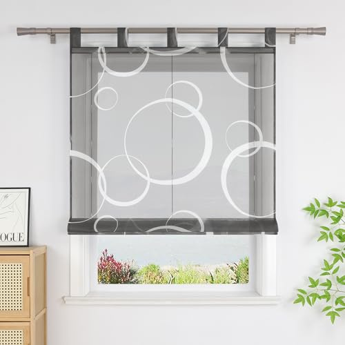 SCHOAL Raffrollo mit Schlaufen Voile Transparente Raffgardine Rollo mit Kreis 1 Stück BxH 120x150 cm Grau