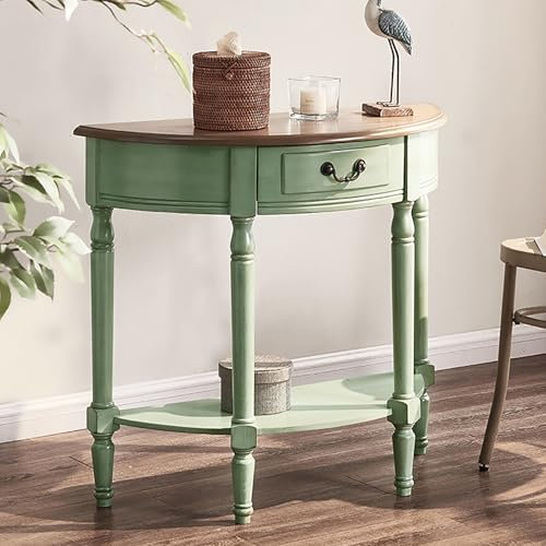 Consolle Stretta In Legno, Tavolino Da Ingresso A Mezzaluna con Cassetti e Ripiano, Elegante Tavolino Da Divano Semicircolare per Soggiorno, Corridoio, Piccoli Spazi(84x14x75cm(33x14x29inch), Green)