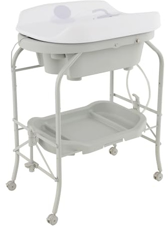 GYMAX Folding Baby Changing Table with Bathtub (Light Grey) | Portable Newborn Bath Table and Dresser Unit with PVC Pad, Storage Tray and Wheels, Infant Diaper Changing Station