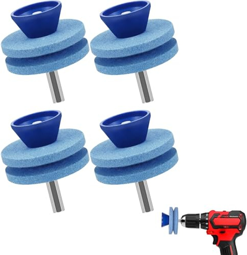 4 Stück Rasenmäher-Messerschärfer Set,Gartengeräte Schärfer,Bohrmaschinen-Aufsatz mit Doppelscheiben, Blau