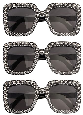 Chaks Retro solglasögon set om 3 st rektangulära festglasögon med strass, svarttonade för festival, karneval