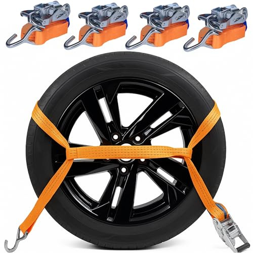 INTAKO Spanngurte für Autotransport 4er-Set – 2,9 m, 2000 kg – TÜV/GS geprüft – Radspanngurte für Auto, PKW & Trailer