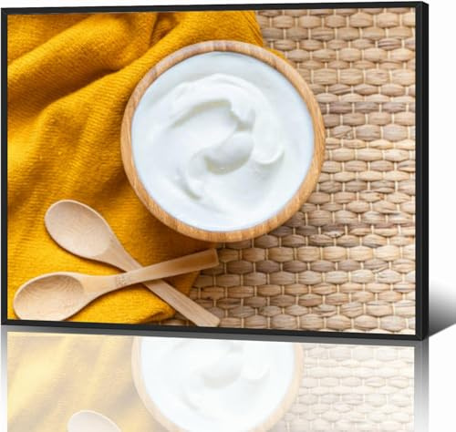 Black Framed Canvas Wall Art Decor for Living Room Bedroom Kitchen Bathroom Office Artwork Painting Greek yogurt bowl spoons Healthy breakfast Fresh greek yogurt muesli print picture poster 16x24