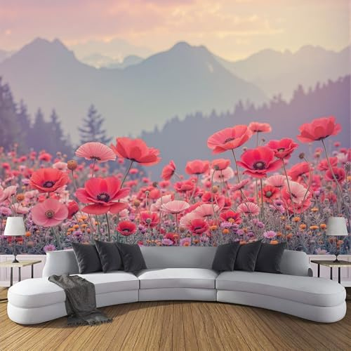 3D Papier Peint Panoramique Fleurs Pavot Champ 100×70cm Intissé Wallpaper Chambre Bureau Deco Motif Des Montagnes Rêve Décoration Murale Marron